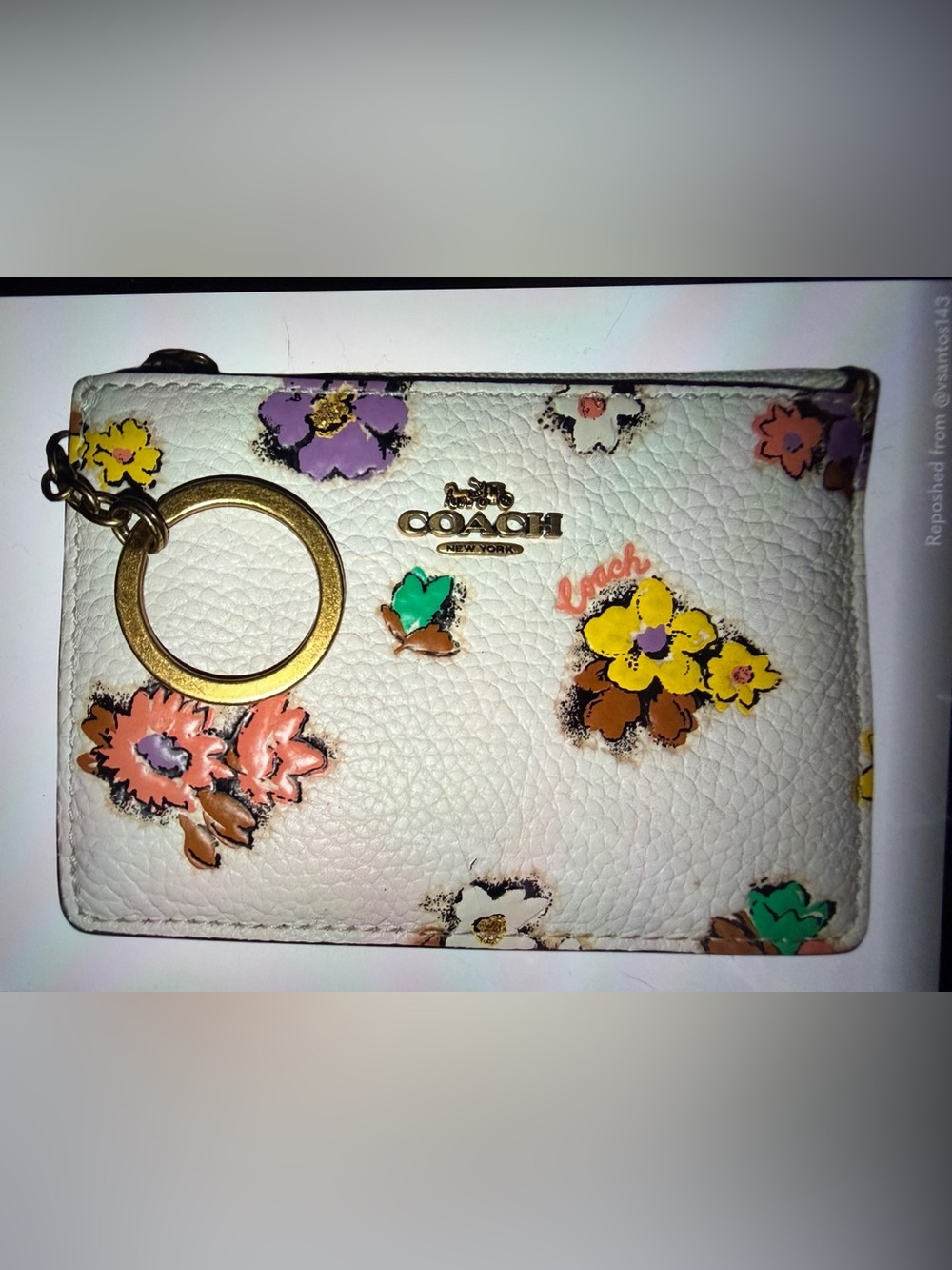 Coach White Floral Leather Card Case with Gold Key Ring - Picture 1 of 7